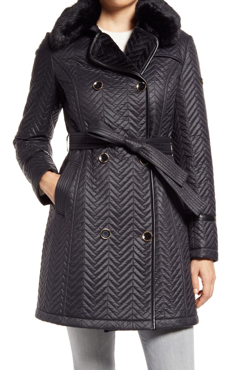 Via Spiga Water Resistant Double Breasted Faux Fux Collar Quilted Coat, Main, color,