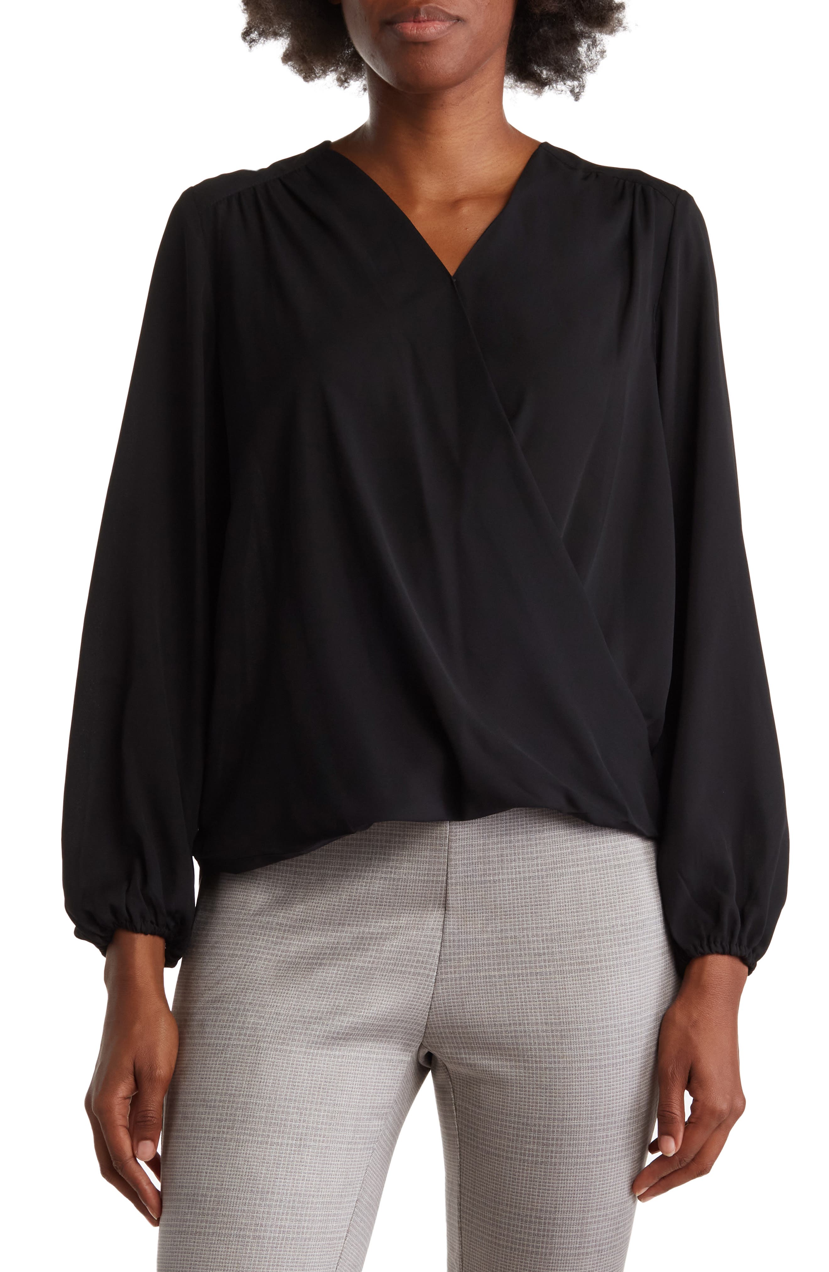 T Tahari Long Sleeve Faux Wrap Blouse