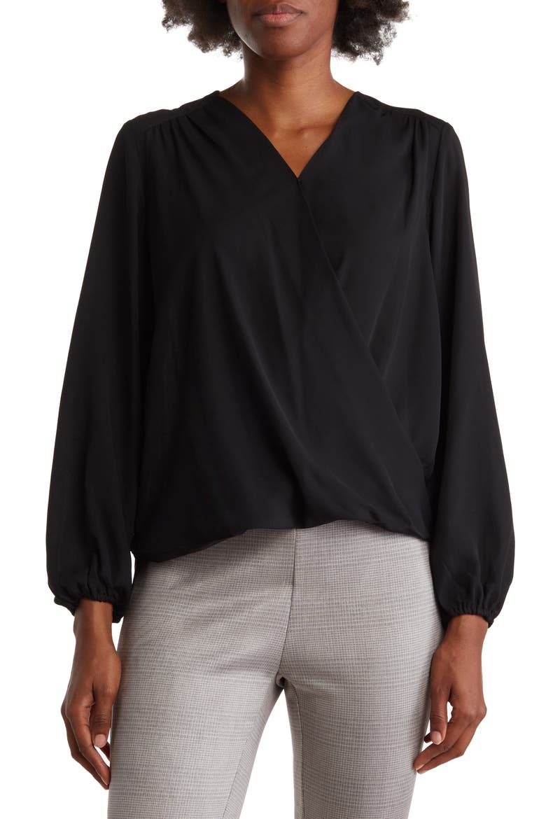 Long Sleeve Faux Wrap Blouse, Main, color, BLACK
