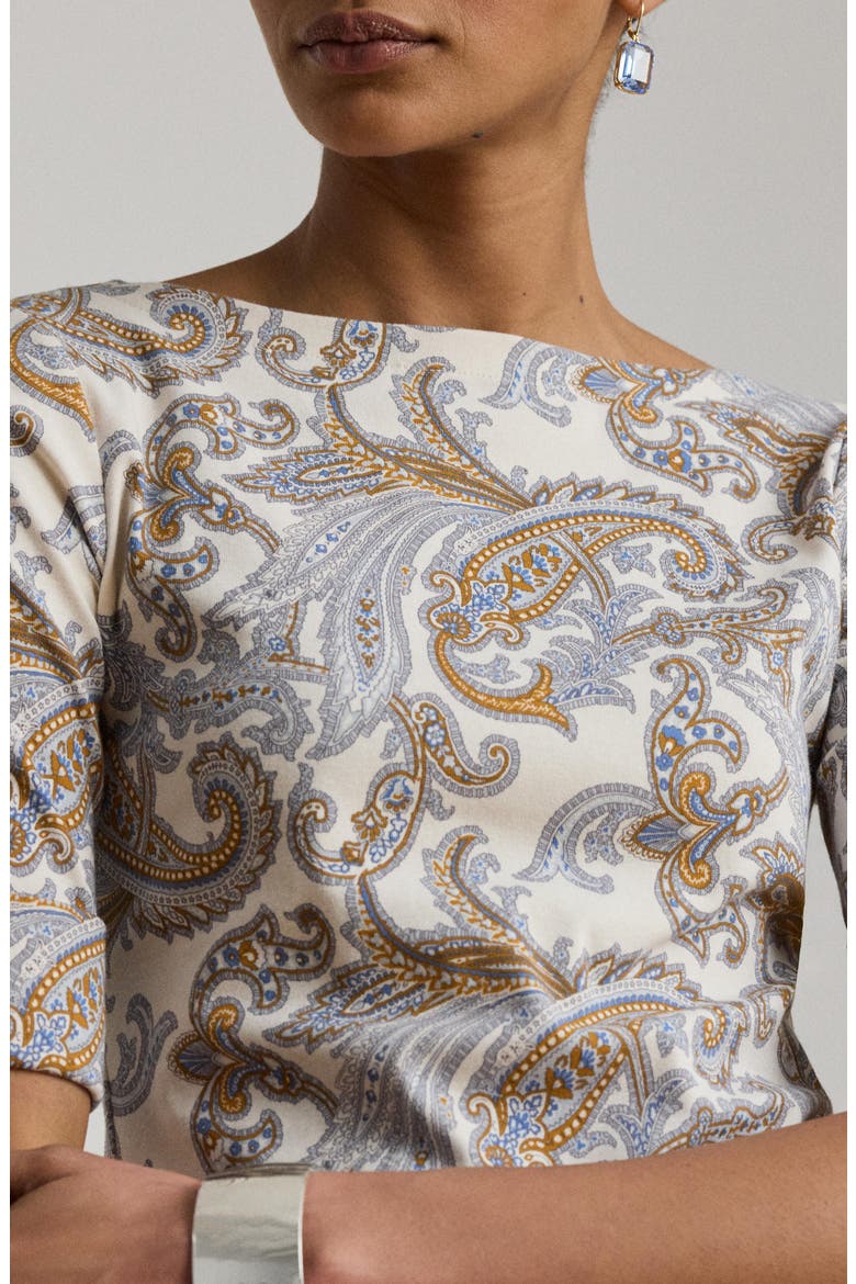 Paisley Stretch Cotton Boat Neck T-Shirt, Alternate, color, CREAM/ MULTI