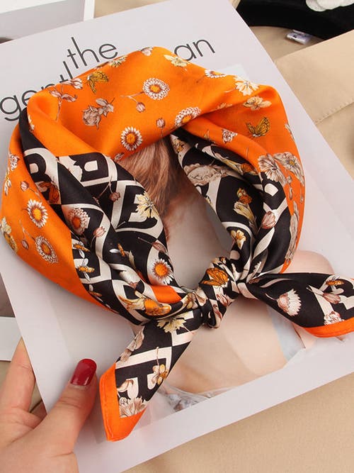 Silksilky Pure Silk Printed Designer Square Scarf 53x53cm/21 In Orange