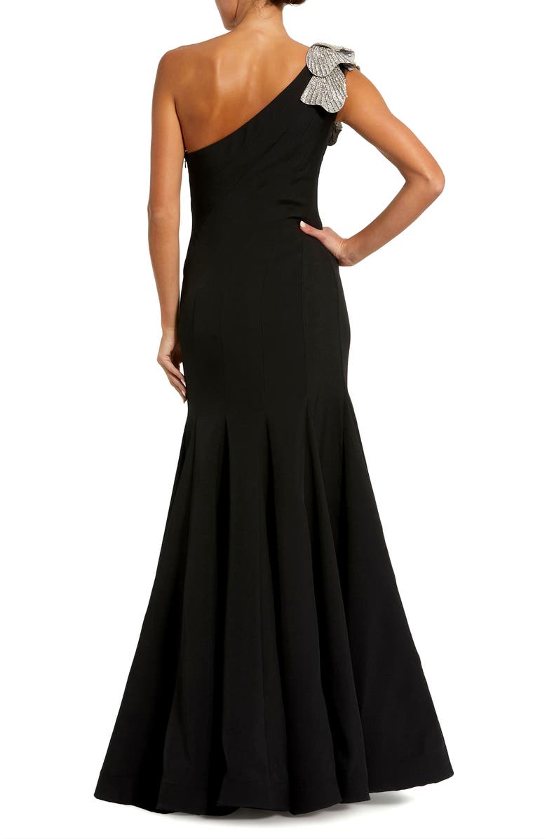 Mac Duggal Petite Crepe One Shoulder Gown With Flower Detail, Alternate, color, Black