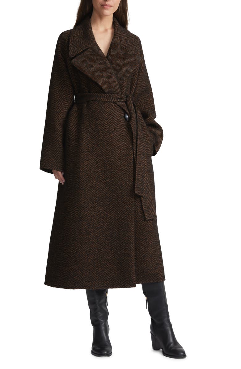 Lafayette 148 New York Wide Lapel Alpaca & Wool Blend Herringbone Wrap Coat, Main, color, Black/ Brown Multi