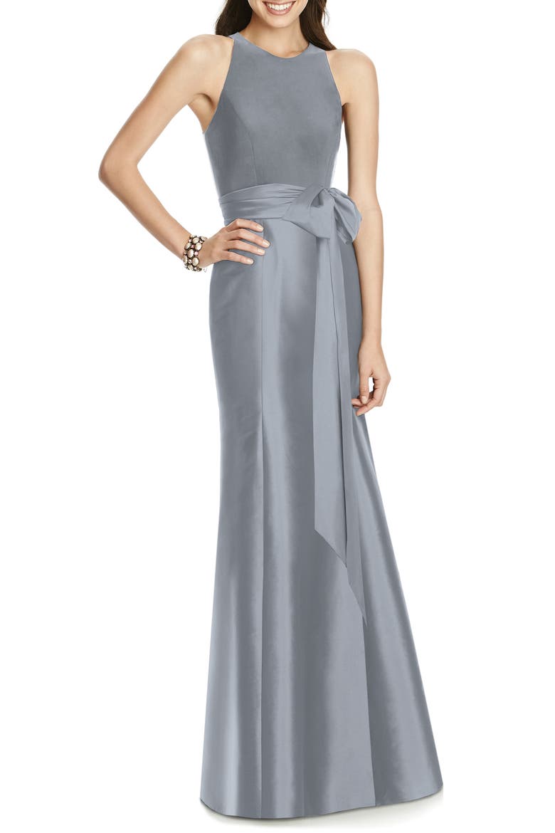 Jersey Bodice Mikado Trumpet Gown, Main, color, PLATINUM