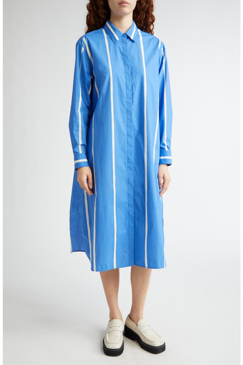 Runoelma Puhveli Stripe Long Sleeve Organic Cotton Poplin Shirtdress, Main, color, BLUE/ LIGHT YELLOW