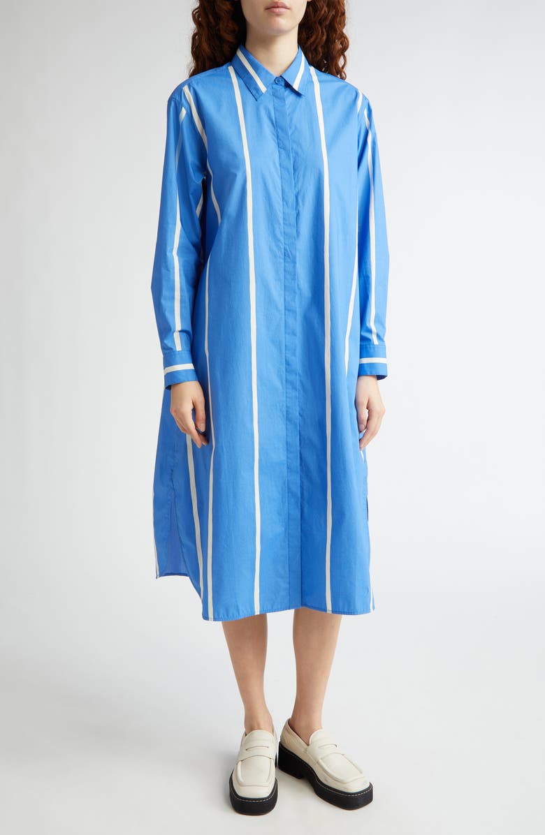 Marimekko Runoelma Puhveli Stripe Long Sleeve Organic Cotton Poplin Shirtdress, Main, color, Blue/ Light Yellow
