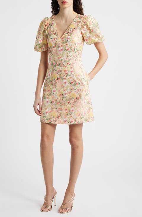 Embroidered Puff Sleeve Cocktail Dress
