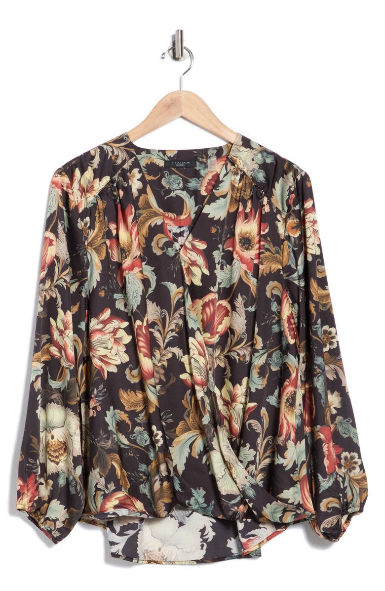 T Tahari Long Sleeve Faux Wrap Top, Alternate, color, Black Floral Print
