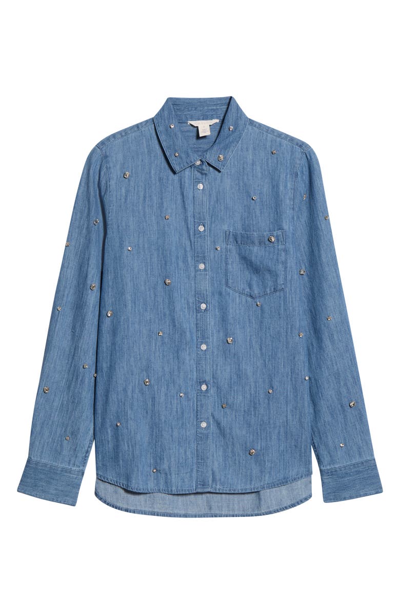 Caslon<sup>®</sup> Crystal Embellished Denim Button-Up Shirt, Alternate, color, Medium Wash