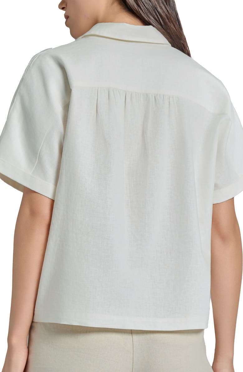 Jones New York Lace Appliqué Linen Blend Short Sleeve Button-Up Shirt, Alternate, color,