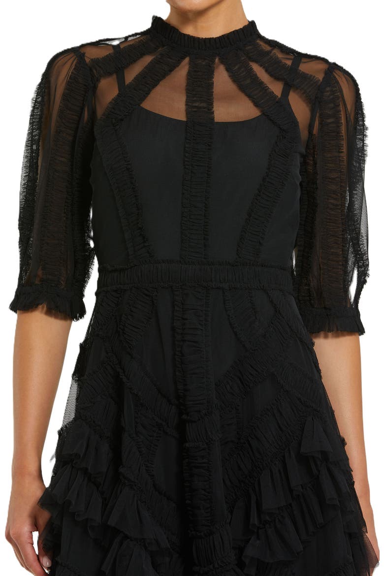 High Neck Puff Sleeve Ruffle Tiered Midi Dress, Alternate, color, Black