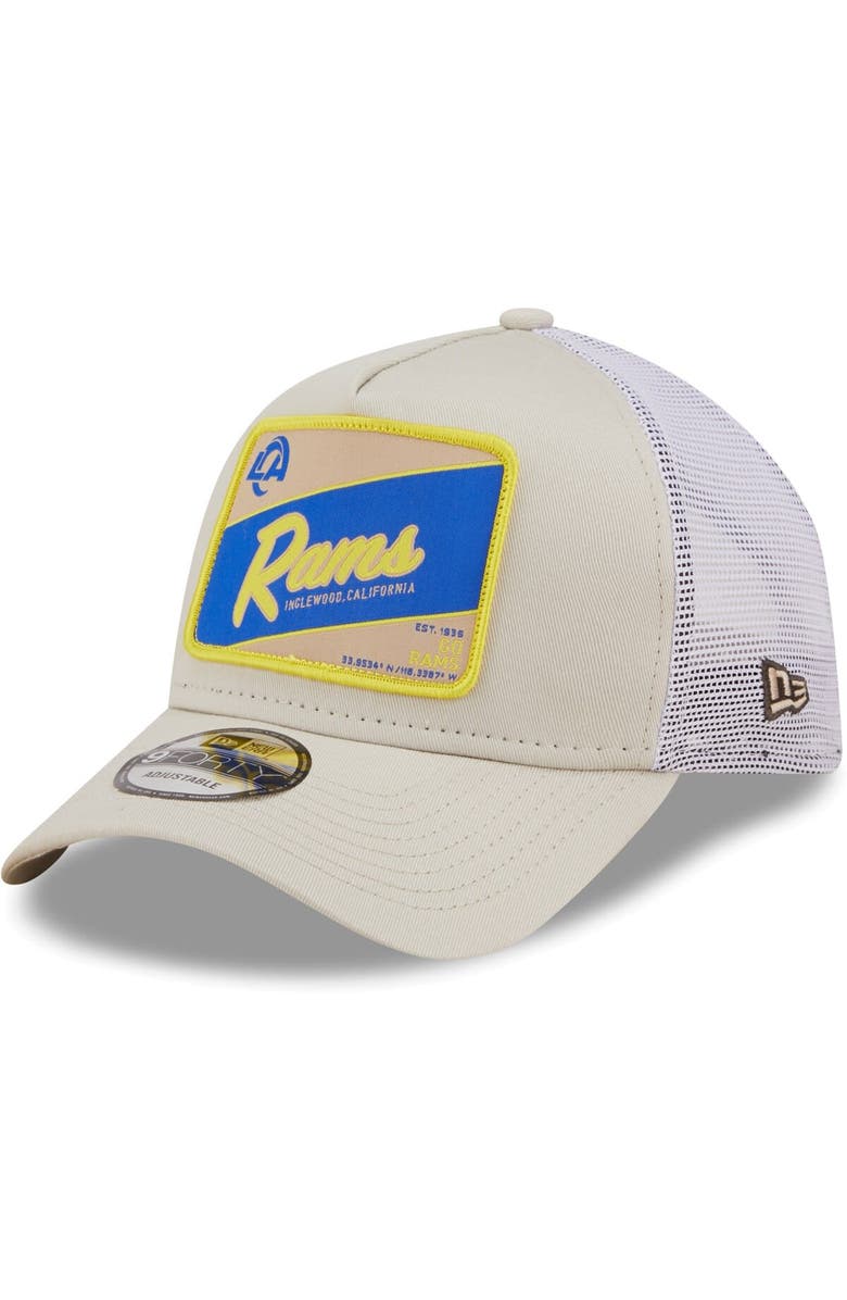 New Era Men's New Era Khaki/White Los Angeles Rams Happy Camper A-Frame Trucker 9FORTY Snapback Hat, Main, color, Khaki