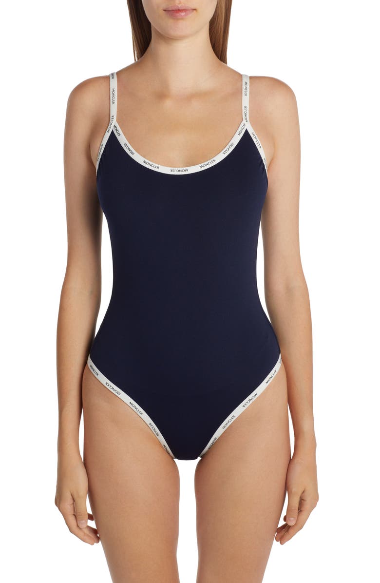 Moncler Logo Trim One-Piece Swimsuit, Main, color, 