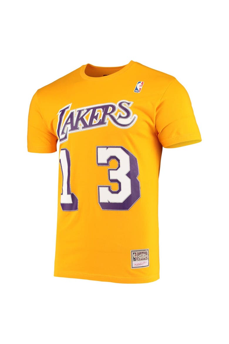 Men's Mitchell & Ness Wilt Chamberlain Gold Los Angeles Lakers Hardwood Classics Stitch Name & Number T-Shirt, Alternate, color, Gold