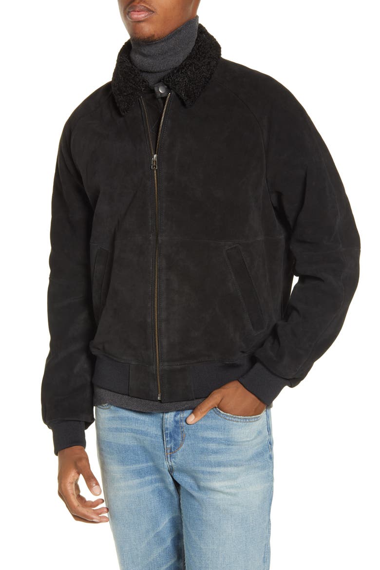x Alex Costa Fleece Collar Suede Bomber Jacket, Alternate, color, BLACK ROCK