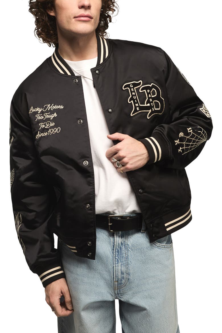 Satin Varsity Jacket, Main, color, JET BLACK