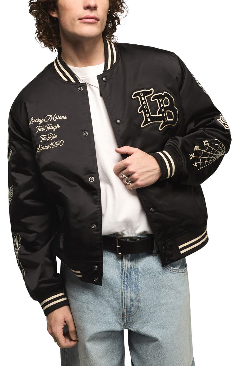 Lucky Brand Satin Varsity Jacket, Main, color, Jet Black