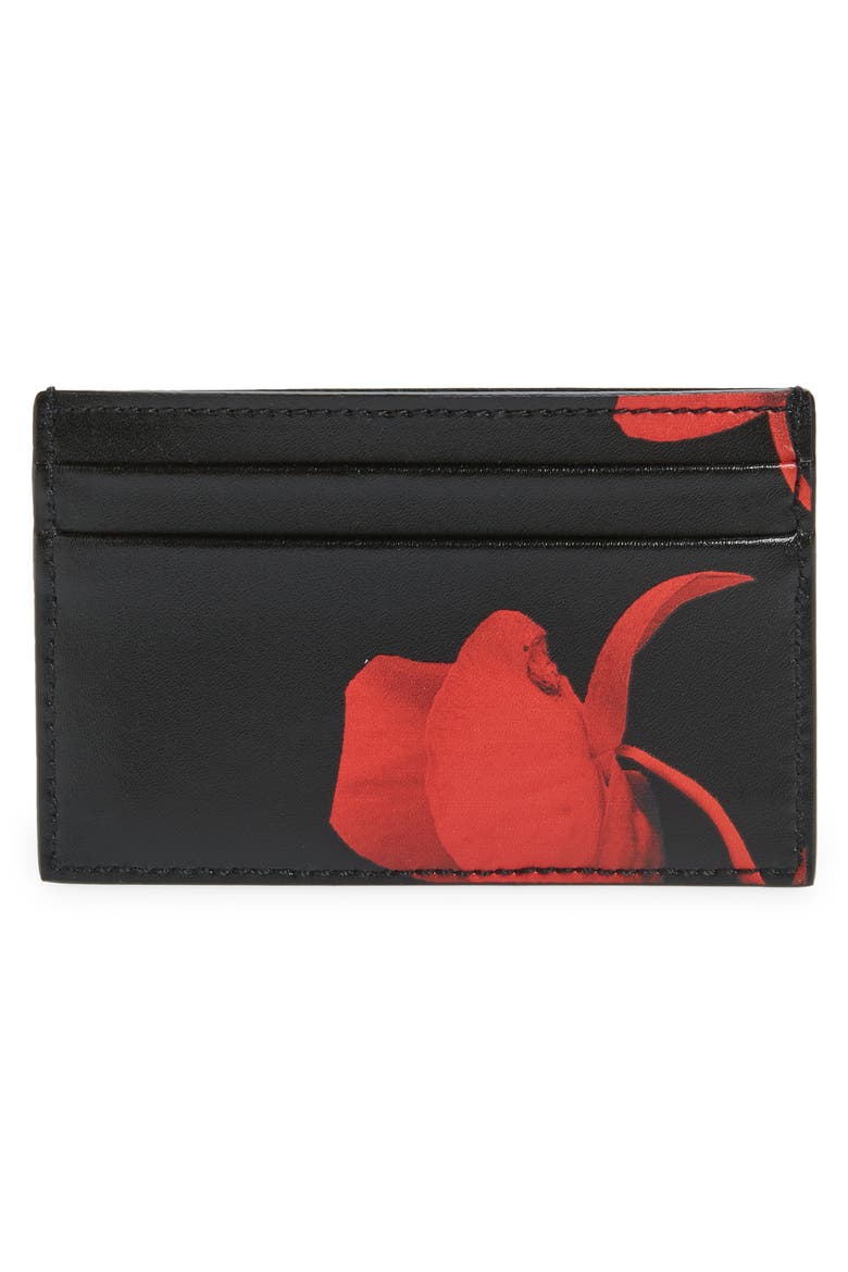 Orchid Print Leather Card Holder, Alternate, color, BLACK/ L.RED