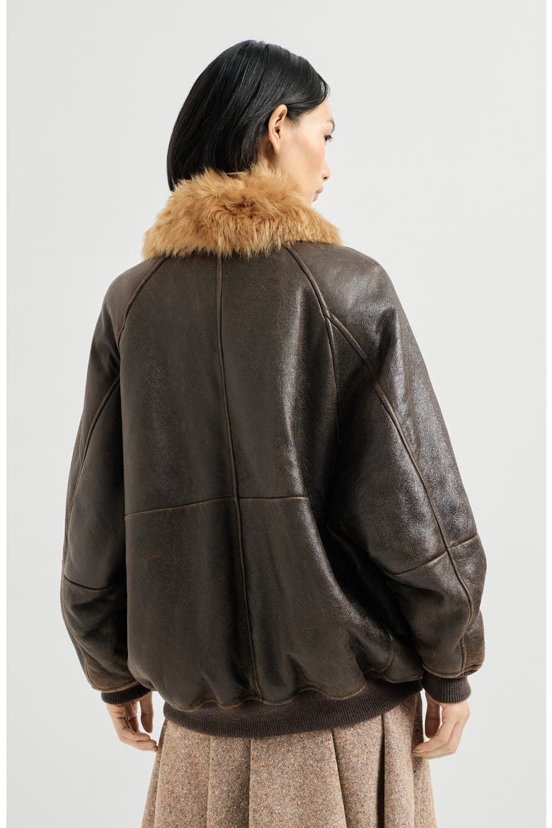 Vintage-effect shearling bomber jacket with shiny zipper pull, Alternate, color, Hazelnut