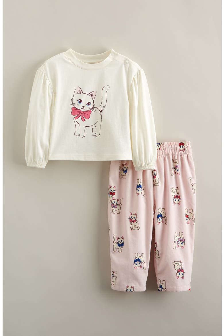 Cotton Graphic Bubble T-Shirt & Pants Set, Main, color, IVORY KITTEN- PINK BOW KITTENS