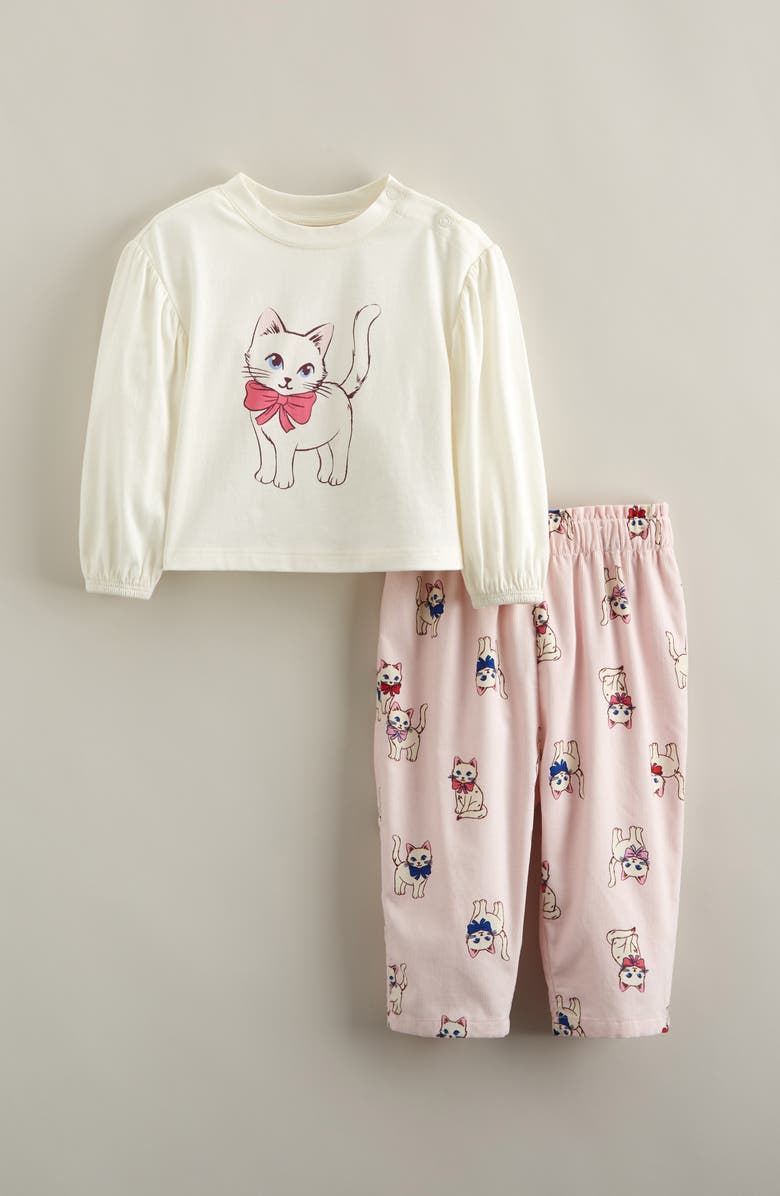 Tucker + Tate Cotton Graphic Bubble T-Shirt & Pants Set, Main, color, Ivory Kitten- Pink Bow Kittens