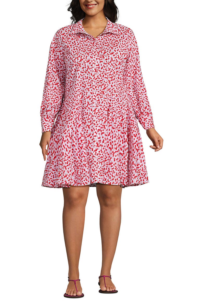 Plus Size Poplin Button Front Dress with Godets, Alternate, color, White/Coral Red Painted Posies
