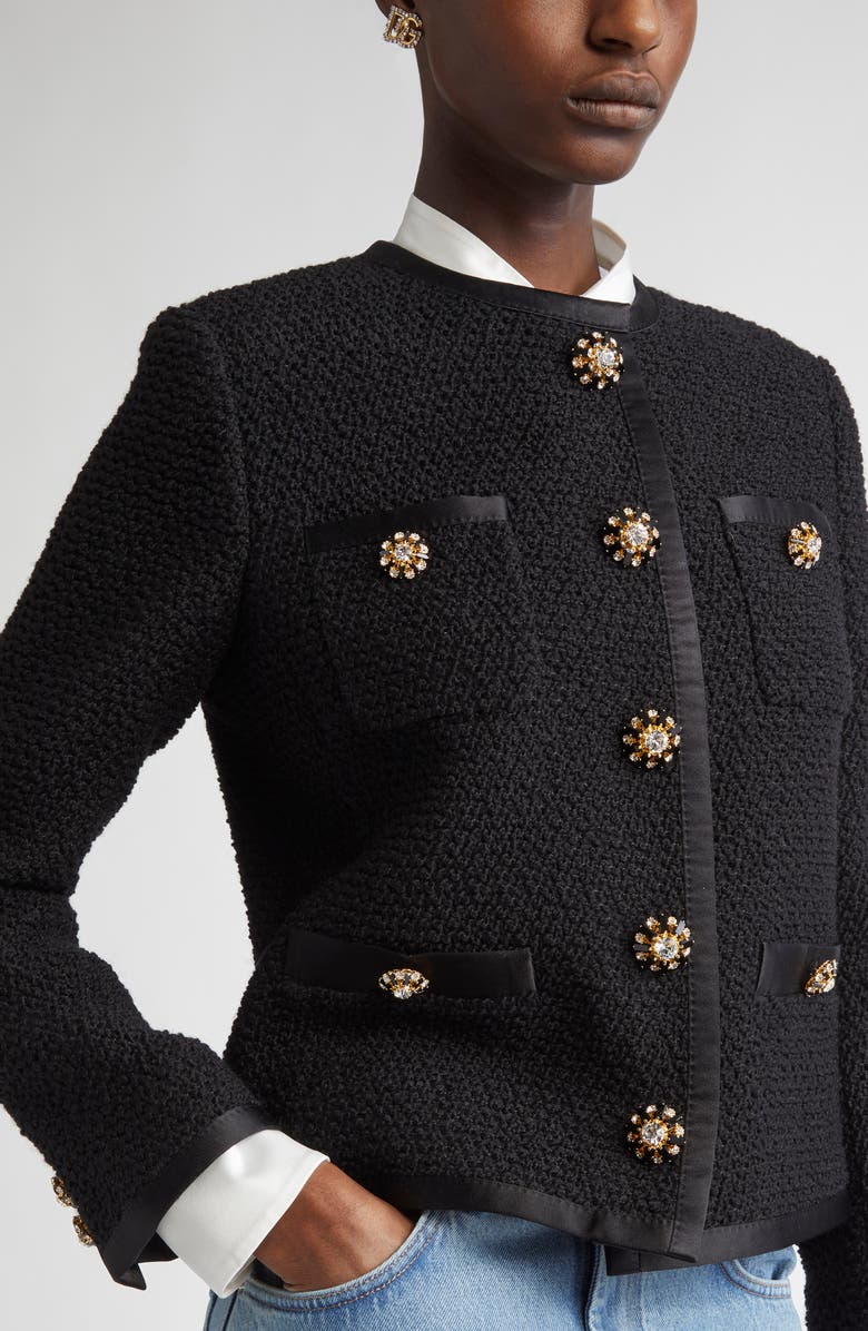 Dolce&Gabbana Bejeweled Button Crop Bouclé Tweed Jacket, Alternate, color, Nero