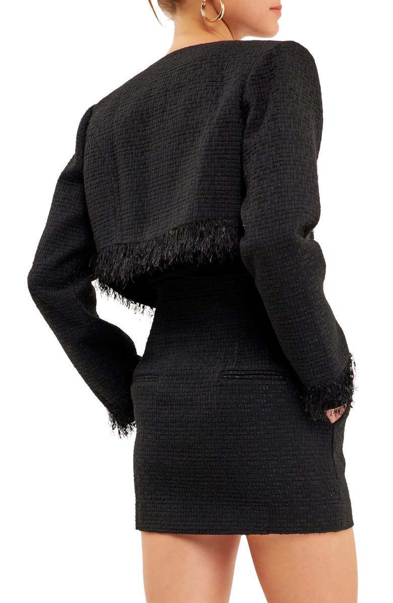 Endless Rose Feather Trim Tweed Crop Blazer, Alternate, color,