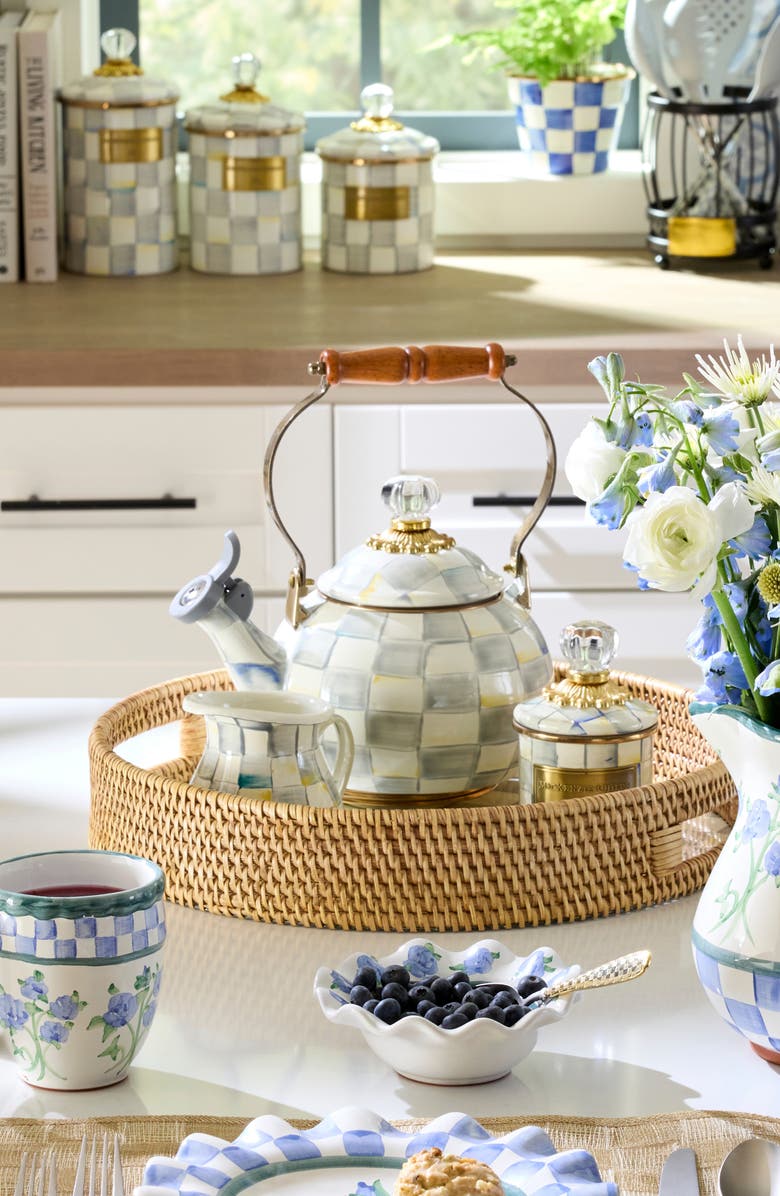 MACKENZIE CHILDS Sterling Check<sup>®</sup> Enameled Steel 2-Quart Whistling Tea Kettle, Alternate, color, Grey/White