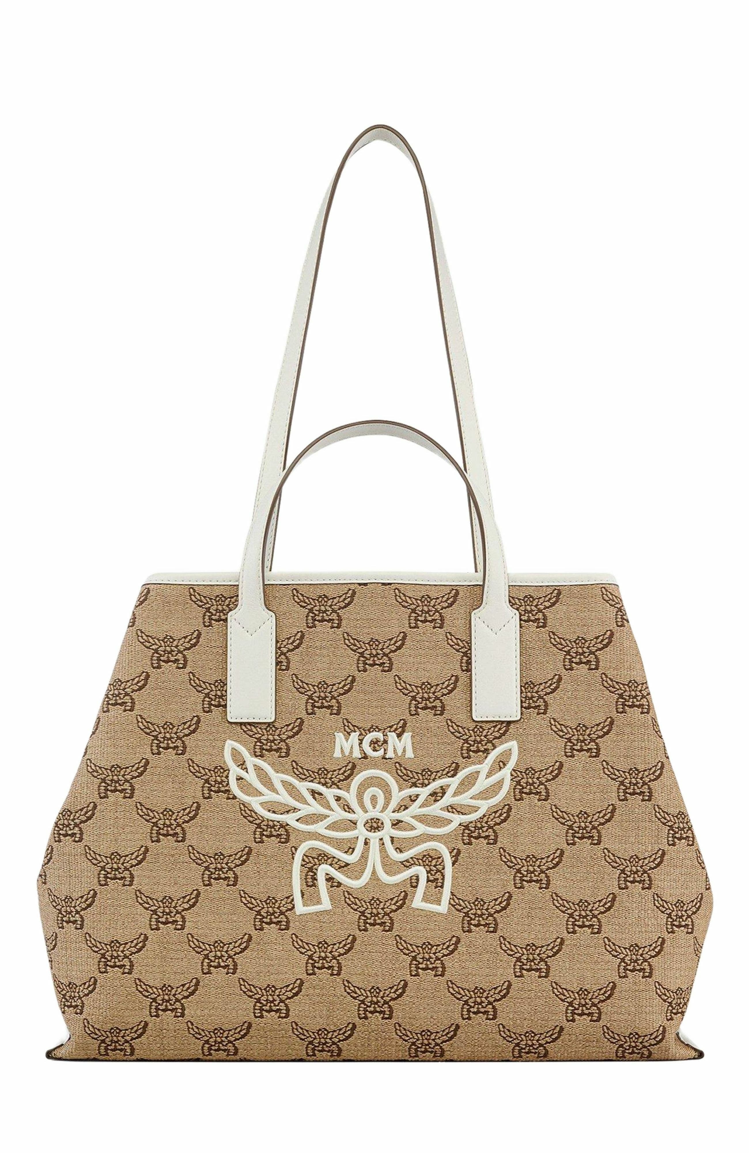 MCM Himmel Shopper in Lauretos Raffia Jacquard, Alternate, color, Beige