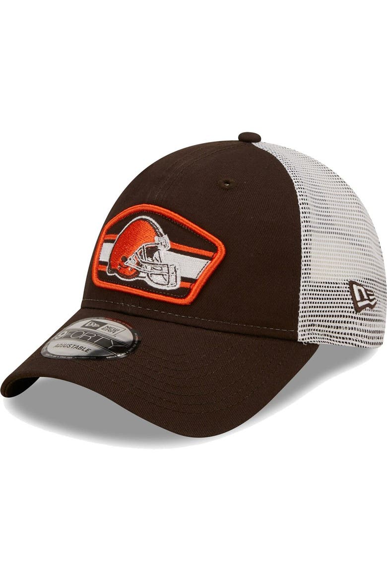 Men's New Era Brown/White Cleveland Browns Logo Patch Trucker 9FORTY Snapback Hat, Main, color, Brown