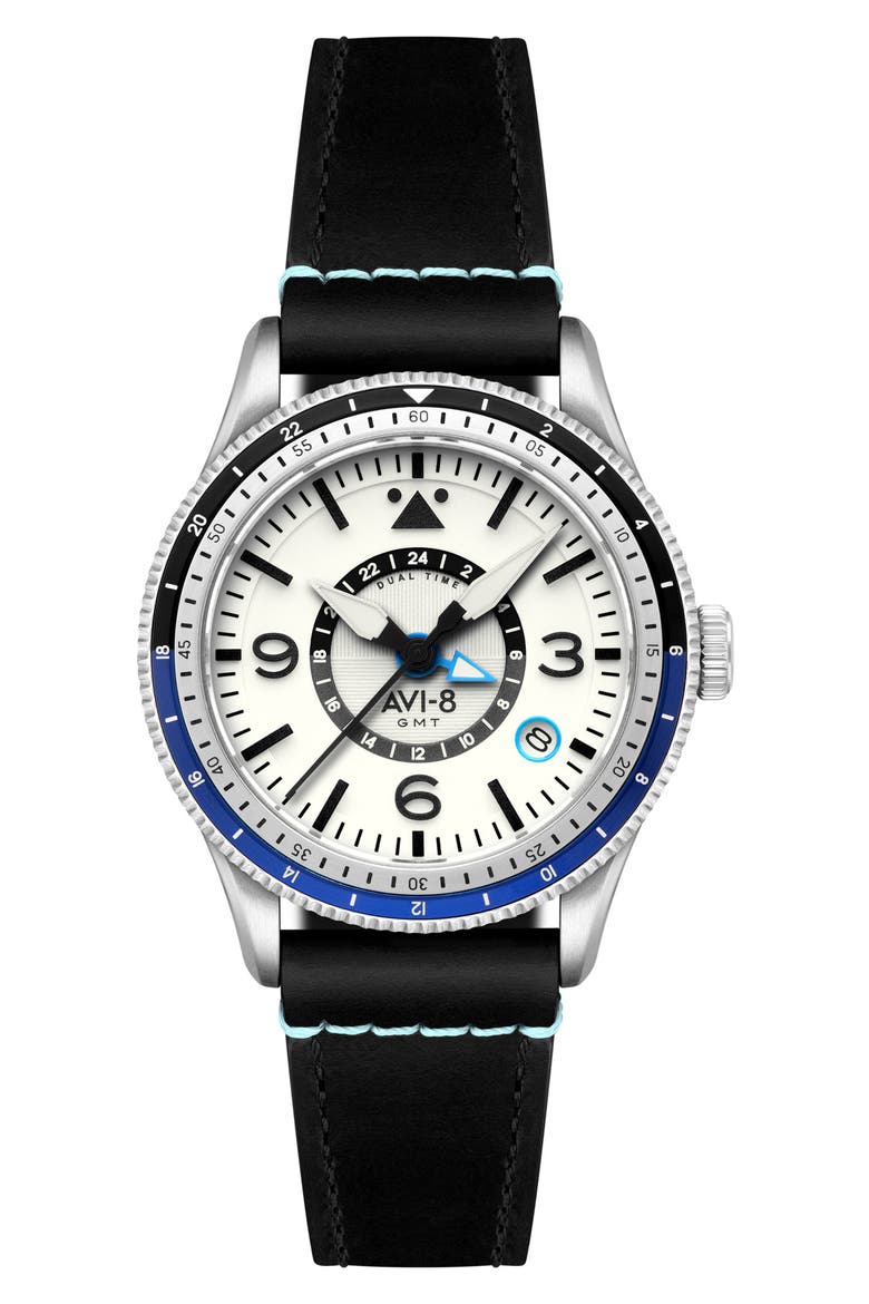 Flyboy Airmaster GMT Leather Strap Watch, 40mm, Main, color, WHITE