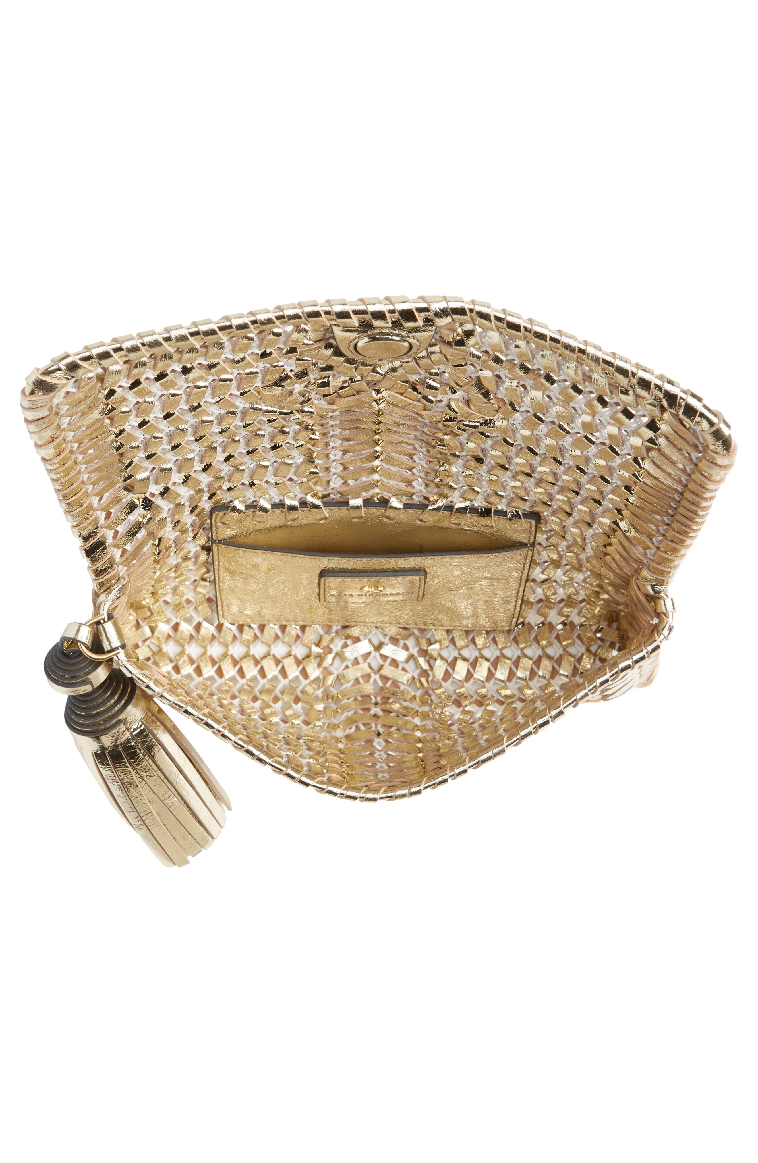 Anya Hindmarch The Neeson Herringbone Woven Metallic Leather Tassel Clutch, Alternate, color, Platino