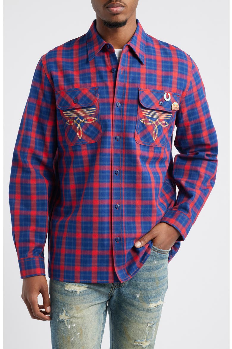 Dust Embroidered Plaid Flannel Button-Up Shirt, Alternate, color, RACING RED