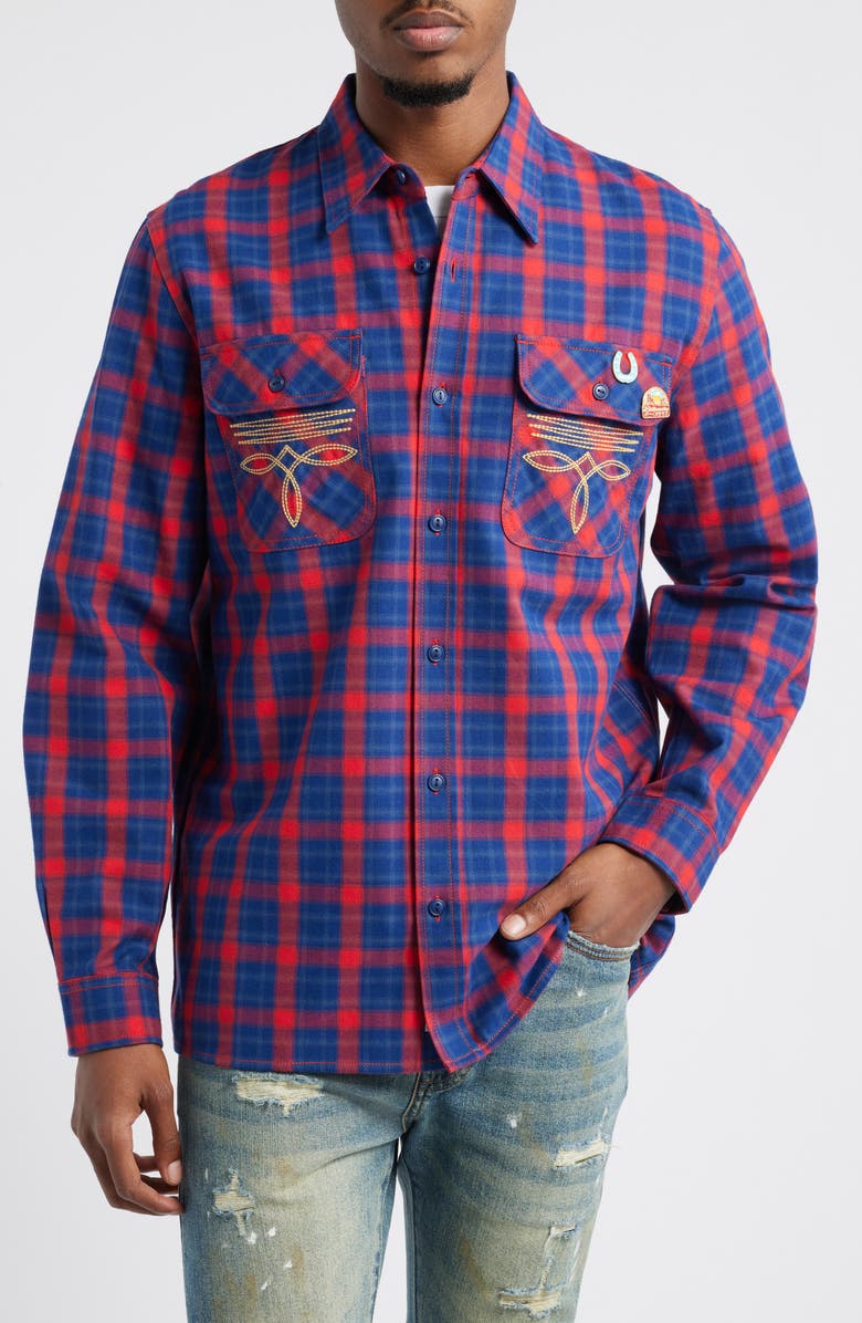 Billionaire Boys Club Dust Embroidered Plaid Flannel Button-Up Shirt, Alternate, color, Racing Red