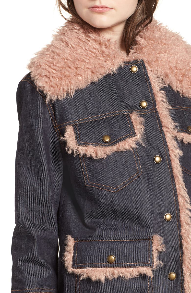 Avec Les Filles Denim & Faux Shearling Trucker Jacket, Alternate, color, 