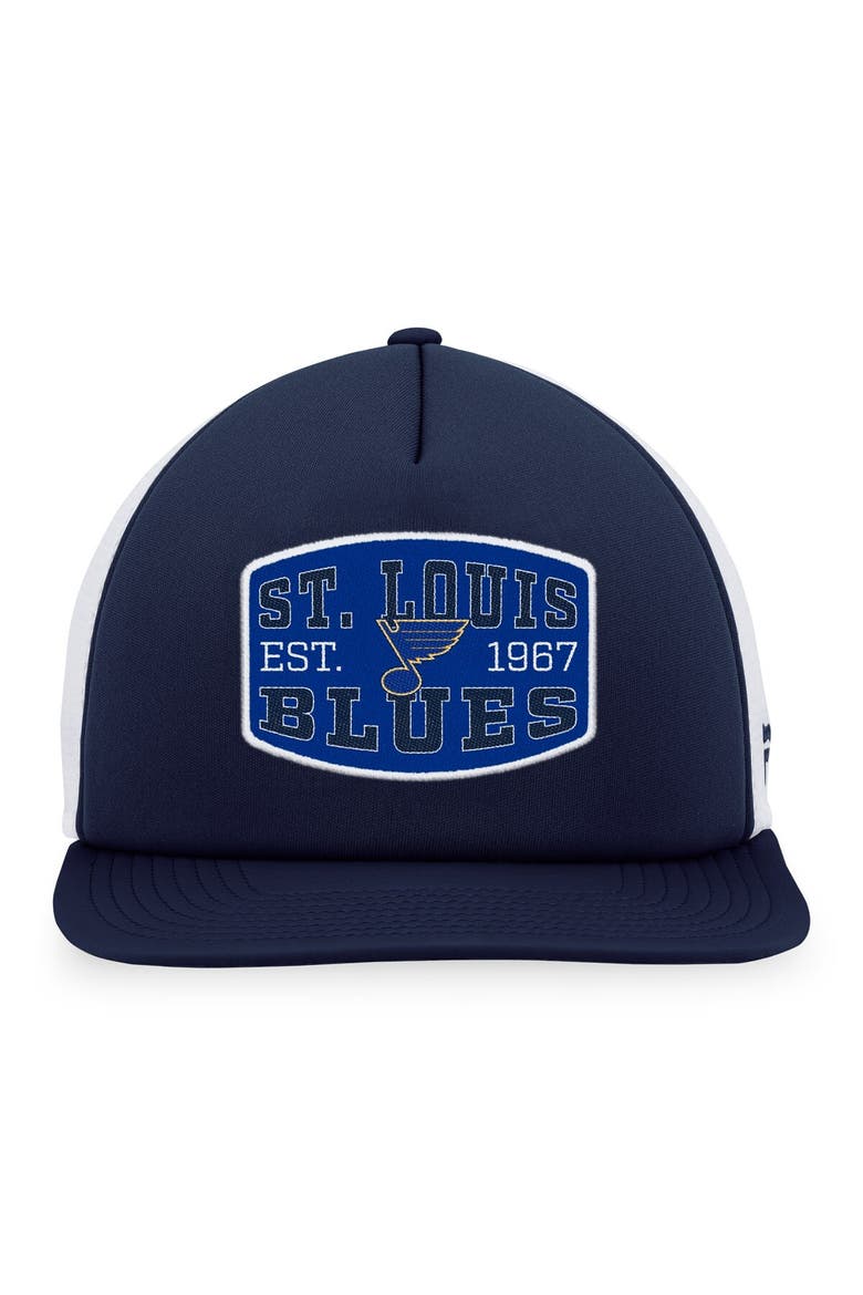 Men's Fanatics Branded Navy/White St. Louis Blues Foam Front Patch Trucker Snapback Hat, Alternate, color, Navy