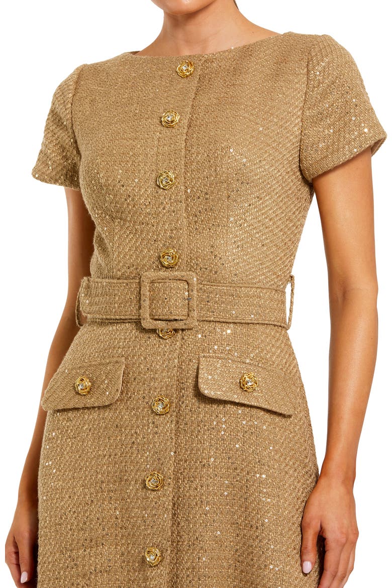 Boucle Cap Sleeve High Neck Button Up Midi Dress, Alternate, color, Toffee