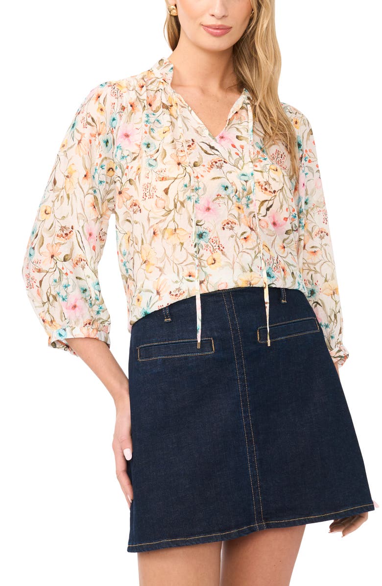 Vince Camuto Floral Ruffle Peasant Top, Main, color, Antique White