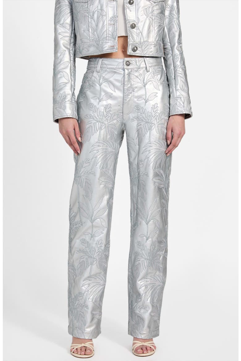 Clelia Embroidered Metallic Faux Leather Straight Leg Pants, Main, color, SILVER
