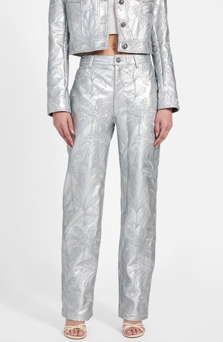 GUESS Clelia Embroidered Metallic Faux Leather Straight Leg Pants, Main, color, Silver