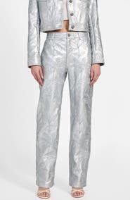 GUESS Clelia Embroidered Metallic Faux Leather Straight Leg Pants