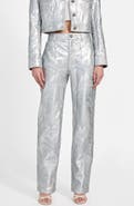 GUESS Clelia Embroidered Metallic Faux Leather Straight Leg Pants