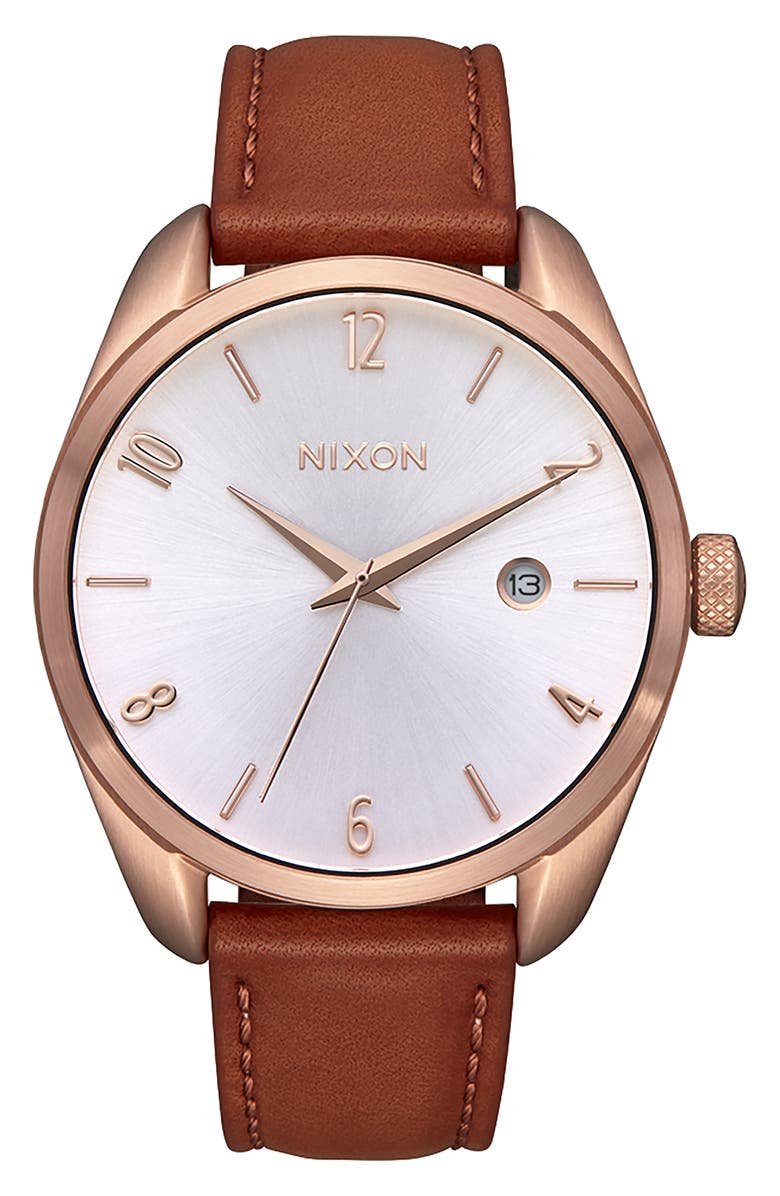 Nixon Thalia Leather Strap Watch, 38mm, Main, color, Rose Gold / White