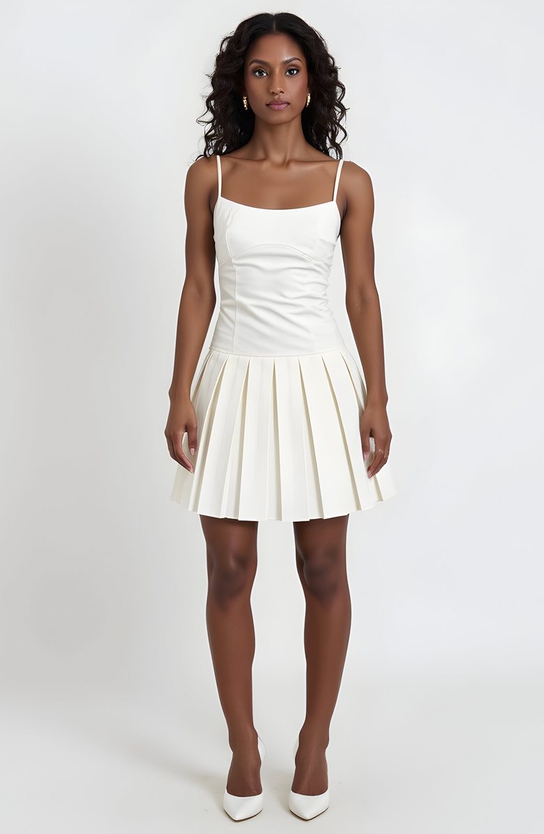 Modenaire Fit and Flare Pleated Mini Dress with Spaghetti Straps and Scoop Neck, Main, color, 