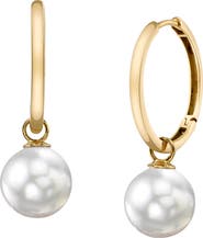 The Pearl Source 14K Gold White South Sea Pearl Hoop Galilea Dangling Earrings