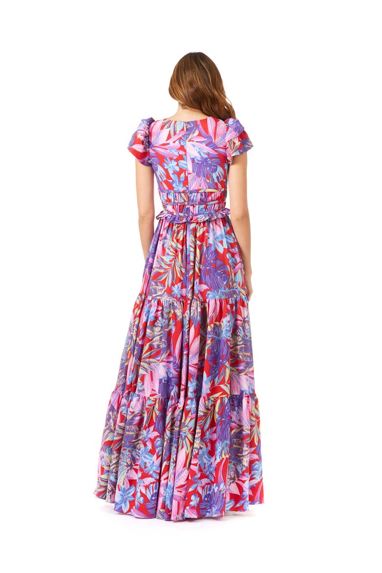 V-Neck Long Print Gown with Cap Sleeves, Alternate, color, Print