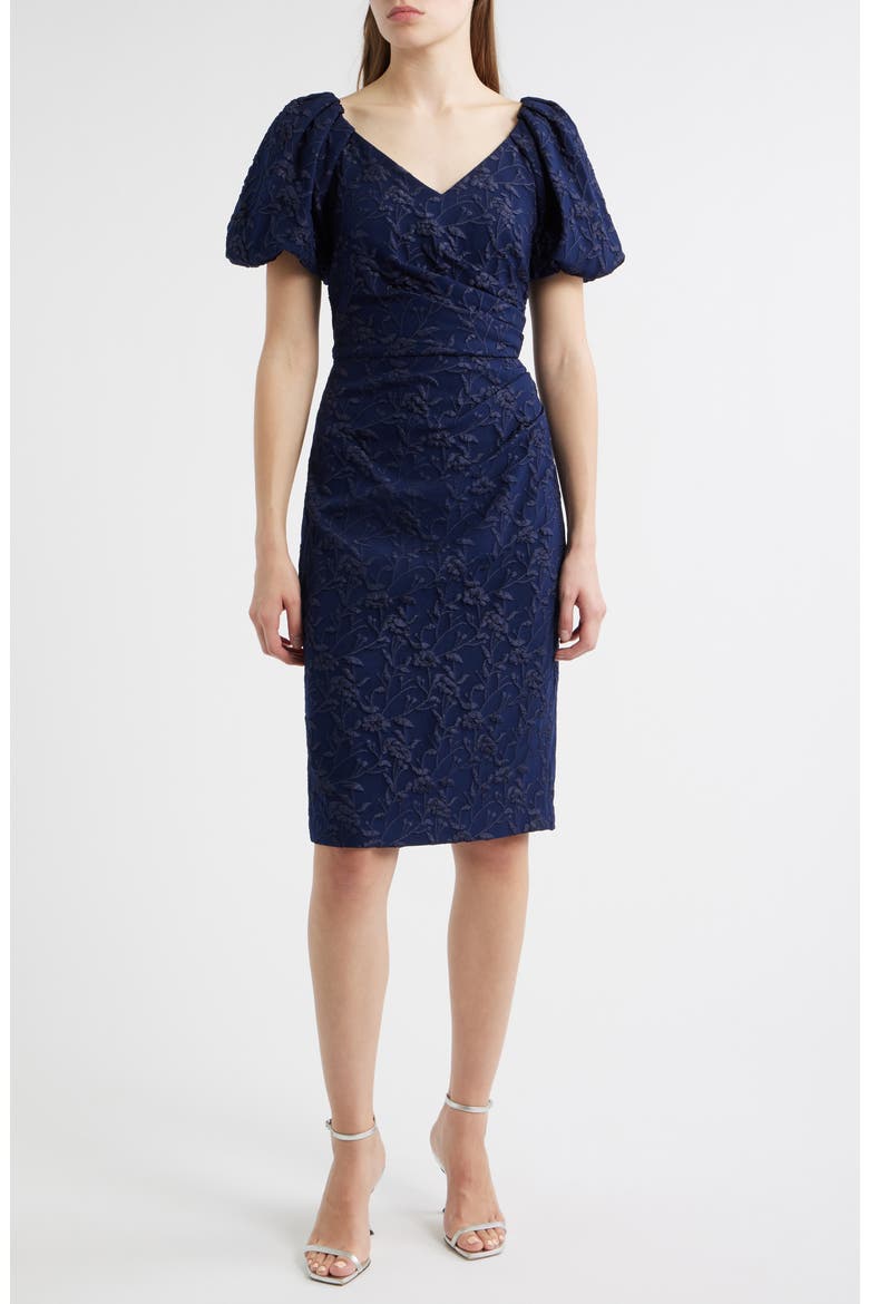 Floral Jacquard Cocktail Sheath Dress, Main, color, NAVY