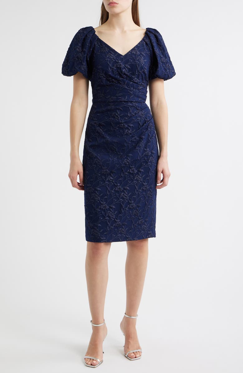 Eliza J Floral Jacquard Cocktail Sheath Dress, Main, color, Navy