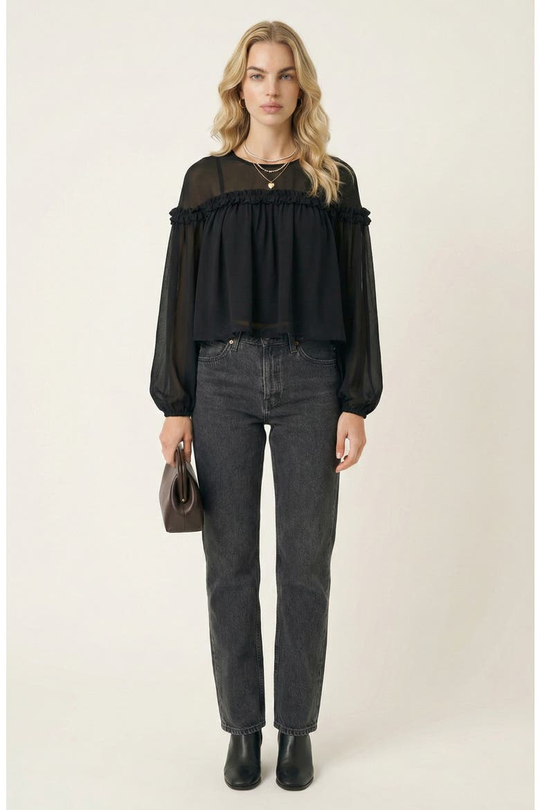 Sheer Long Sleeve Blouse with Ruffled Trim and Flowing Silhouette, Alternate, color, Black
